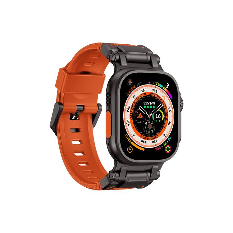 Levelo Kyoto Watch Strap, Apple Watch SE 9/8/7/6/5 (46/49mm), Fluoro Rubber & Stainless Steel Finish, Chemical Resistance, Hypoallergenic, 24/7 Wearability - Sunset Orange