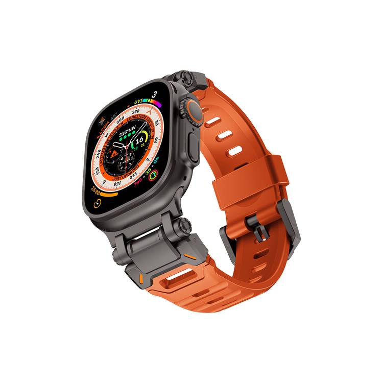 Levelo Kyoto Watch Strap, Apple Watch SE 9/8/7/6/5 (46/49mm), Fluoro Rubber & Stainless Steel Finish, Chemical Resistance, Hypoallergenic, 24/7 Wearability - Sunset Orange