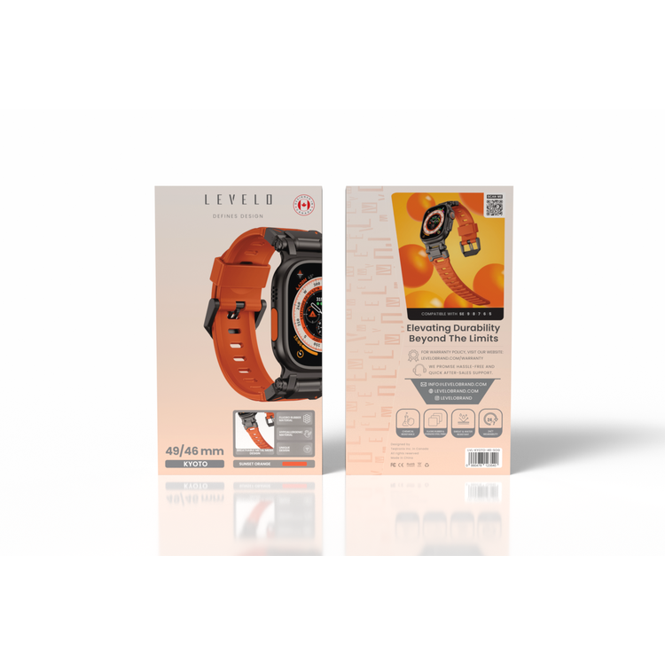 Levelo Kyoto Watch Strap, Apple Watch SE 9/8/7/6/5 (46/49mm), Fluoro Rubber & Stainless Steel Finish, Chemical Resistance, Hypoallergenic, 24/7 Wearability - Sunset Orange