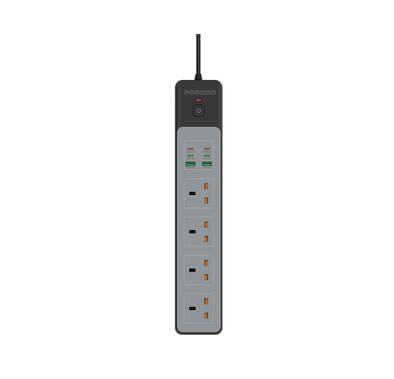 Porodo 4 AC Power Socket with Built-in Safeguards, 3m Power Cord Length, Safety Power Switch, 3000W Rated Power, 65W Total DC Power, PD 35W - Black