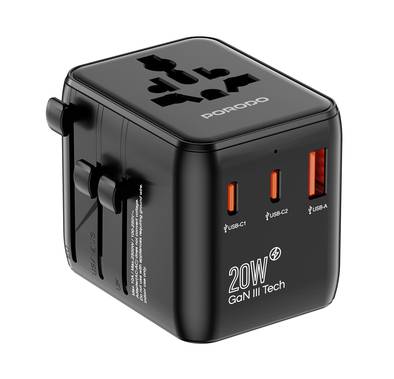 Porodo Universal Travel GaN Quick Charger, 2 USB-C & 1 US...