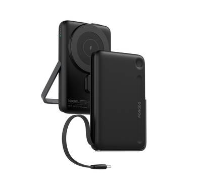 Porodo 10000mAh Power Bank with Built-in Type-C Cable & Stand, Strong Magnetic Hold, 20W Power Delivery, Fast Charging Support, 15W Wireless Output - Black