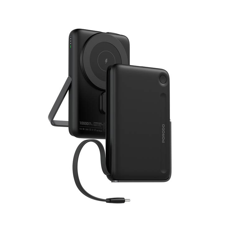 Porodo 10000mAh Power Bank with Built-in Type-C Cable & Stand, Strong Magnetic Hold, 20W Power Delivery, Fast Charging Support, 15W Wireless Output - Black