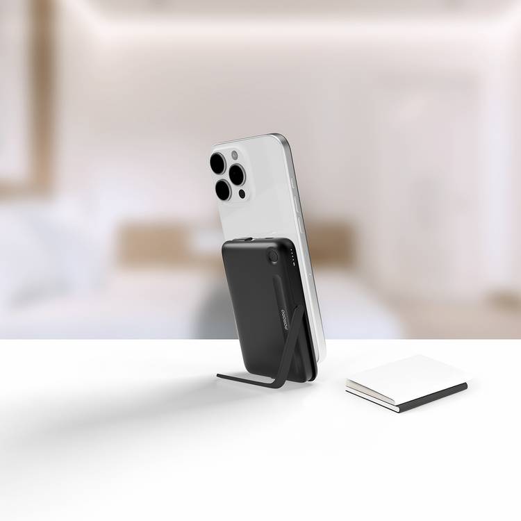 Porodo 10000mAh Power Bank with Built-in Type-C Cable & Stand, Strong Magnetic Hold, 20W Power Delivery, Fast Charging Support, 15W Wireless Output - Black