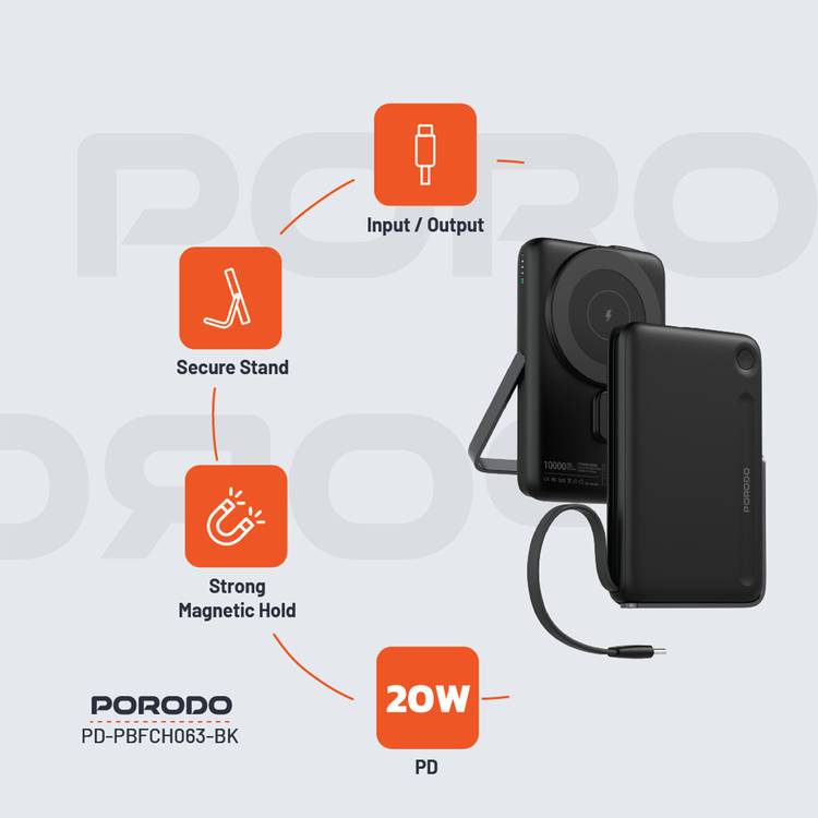 Porodo 10000mAh Power Bank with Built-in Type-C Cable & Stand, Strong Magnetic Hold, 20W Power Delivery, Fast Charging Support, 15W Wireless Output - Black