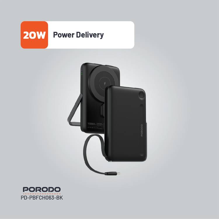 Porodo 10000mAh Power Bank with Built-in Type-C Cable & Stand, Strong Magnetic Hold, 20W Power Delivery, Fast Charging Support, 15W Wireless Output - Black