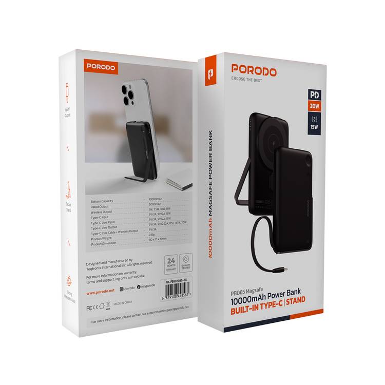Porodo 10000mAh Power Bank with Built-in Type-C Cable & Stand, Strong Magnetic Hold, 20W Power Delivery, Fast Charging Support, 15W Wireless Output - Black