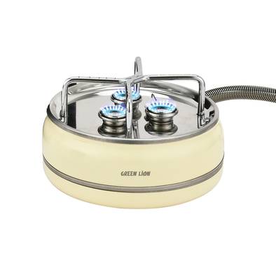 Green Lion Orbit Flame 3-Burner Stove, Butane Gas, Ignition Switch, Flame Control, 4000W Heating Power, Up to 15kg Load Capacity, Stainless Steel & Iron Material, 60cm Gas Pipe Length - Beige
