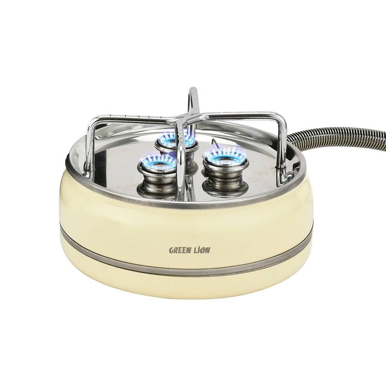 Green Lion Orbit Flame 3-Burner Stove, Butane Gas, Ignition Switch, Flame Control, 4000W Heating Power, Up to 15kg Load Capacity, Stainless Steel & Iron Material, 60cm Gas Pipe Length - Beige