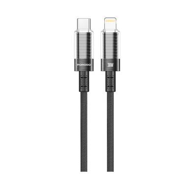 Porodo Transparent Shell USB-C to Lightning Cable, 1.2m Cable Length, Universal Compatibility, PD 30W, Safe & Secure, Data & Fast Charger - Black