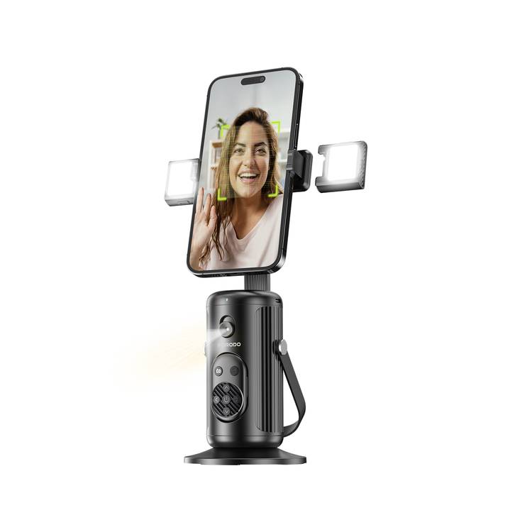 Porodo Face Tracking Smart Mount with Wireless Shutter, Detachable Fill Light, Gesture Control, Lightweight Design, 1800 mAh Battery - Black