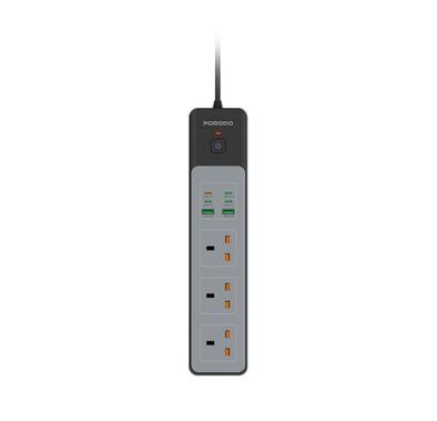 Porodo 3AC Power Socket with 2USB-A & 4USB-C, 3000W, 35W PD, 3m Cable Length, UK Plug, Built-in Safeguards, Safety Power Switch - Black