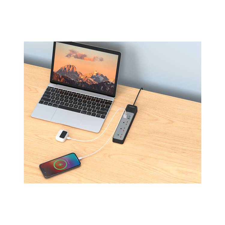 Porodo 3AC Power Socket with 2USB-A & 4USB-C, 3000W, 35W PD, 3m Cable Length, UK Plug, Built-in Safeguards, Safety Power Switch - Black