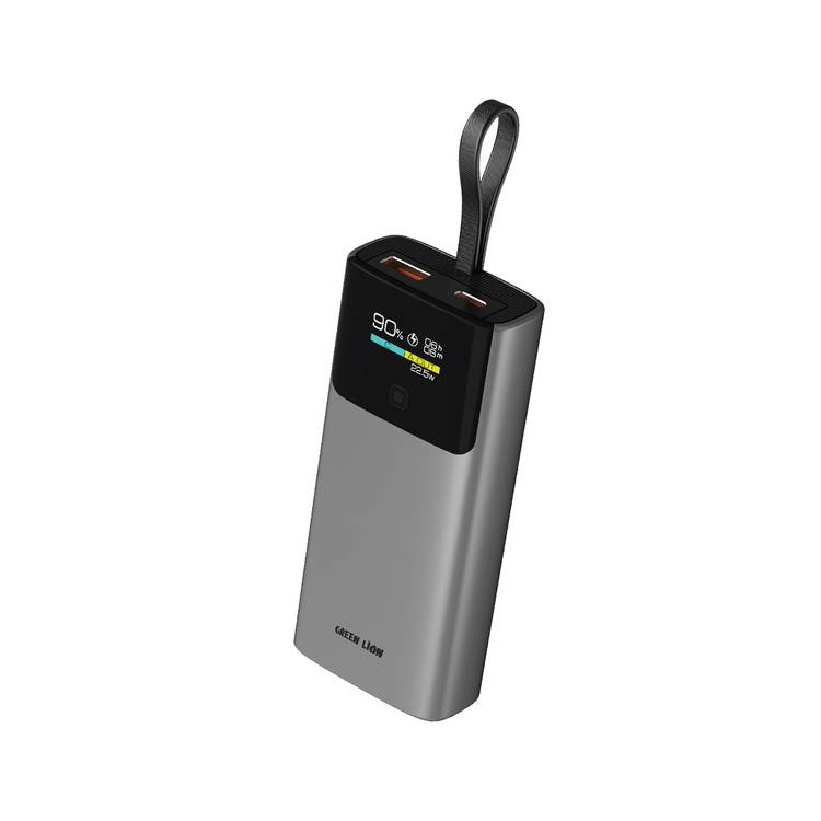 Green Lion Voltix 10000mAh Power Bank with TFT Display, Exquisite Appearance, Type-C Cable Strap, Fast Charging, Lightweight Design, 22.5W Total Output - Gray 