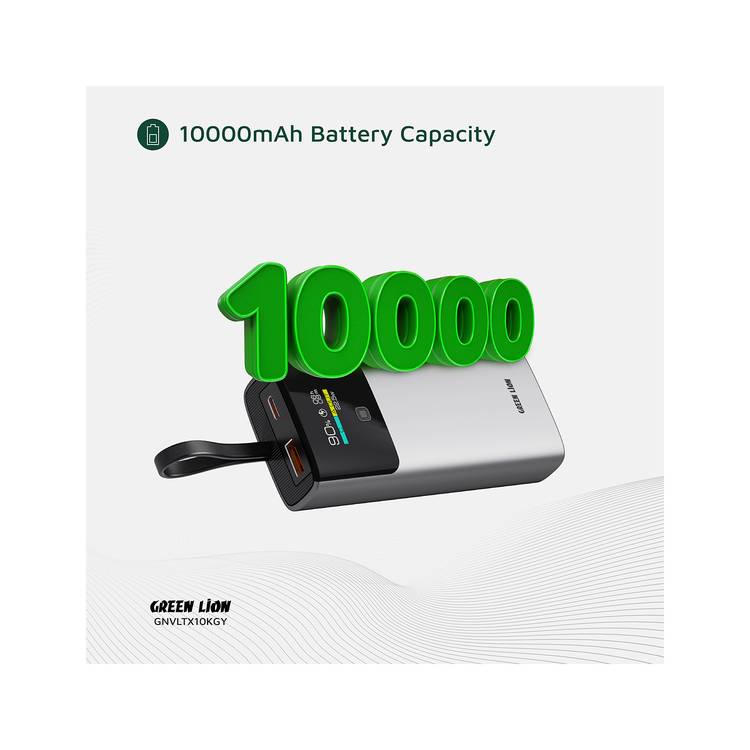 Green Lion Voltix 10000mAh Power Bank with TFT Display, Exquisite Appearance, Type-C Cable Strap, Fast Charging, Lightweight Design, 22.5W Total Output - Gray 