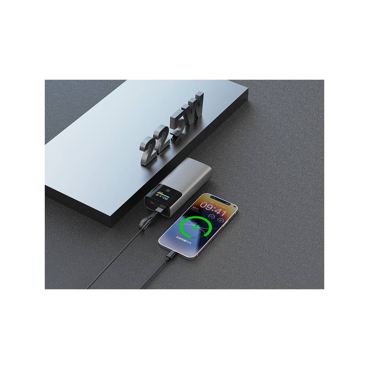 Green Lion Voltix 10000mAh Power Bank with TFT Display, Exquisite Appearance, Type-C Cable Strap, Fast Charging, Lightweight Design, 22.5W Total Output - Gray 