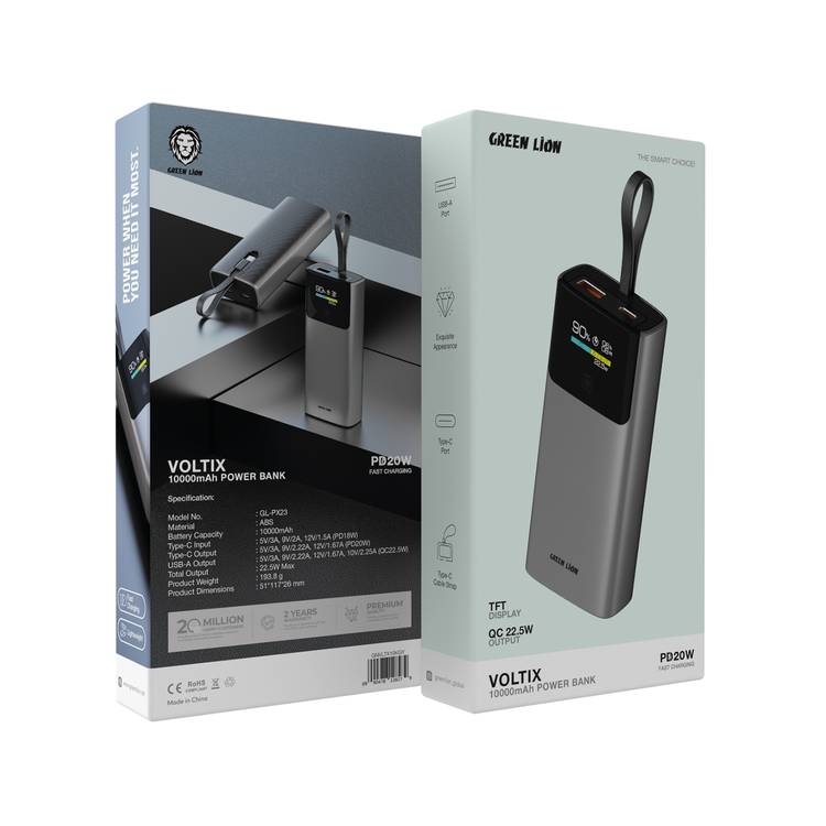 Green Lion Voltix 10000mAh Power Bank with TFT Display, Exquisite Appearance, Type-C Cable Strap, Fast Charging, Lightweight Design, 22.5W Total Output - Gray 