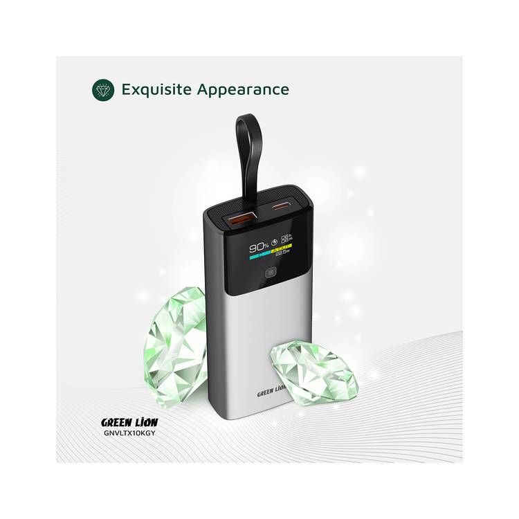 Green Lion Voltix 10000mAh Power Bank with TFT Display, Exquisite Appearance, Type-C Cable Strap, Fast Charging, Lightweight Design, 22.5W Total Output - Gray 