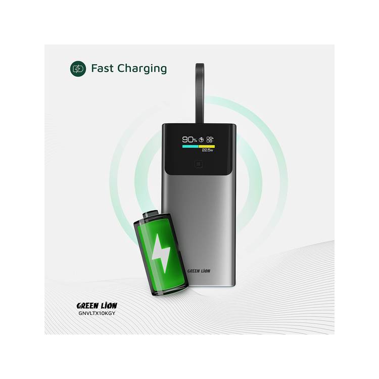 Green Lion Voltix 10000mAh Power Bank with TFT Display, Exquisite Appearance, Type-C Cable Strap, Fast Charging, Lightweight Design, 22.5W Total Output - Gray 