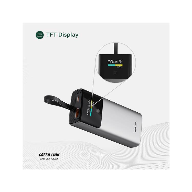 Green Lion Voltix 10000mAh Power Bank with TFT Display, Exquisite Appearance, Type-C Cable Strap, Fast Charging, Lightweight Design, 22.5W Total Output - Gray 