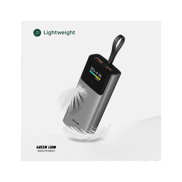 Green Lion Voltix 10000mAh Power Bank with TFT Display, Exquisite Appearance, Type-C Cable Strap, Fast Charging, Lightweight Design, 22.5W Total Output - Gray 