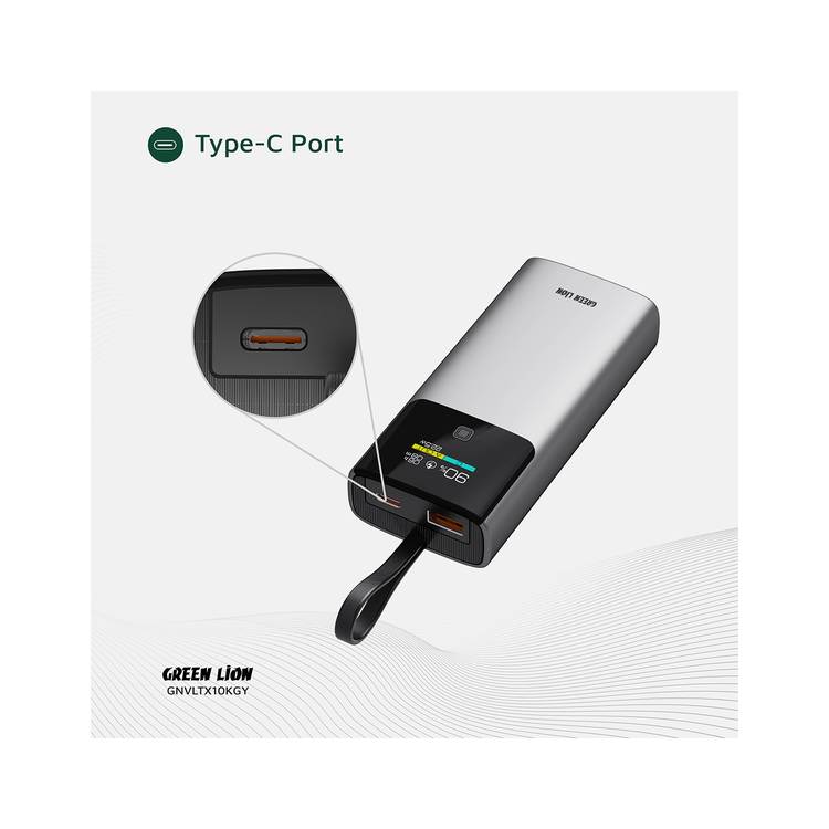 Green Lion Voltix 10000mAh Power Bank with TFT Display, Exquisite Appearance, Type-C Cable Strap, Fast Charging, Lightweight Design, 22.5W Total Output - Gray 