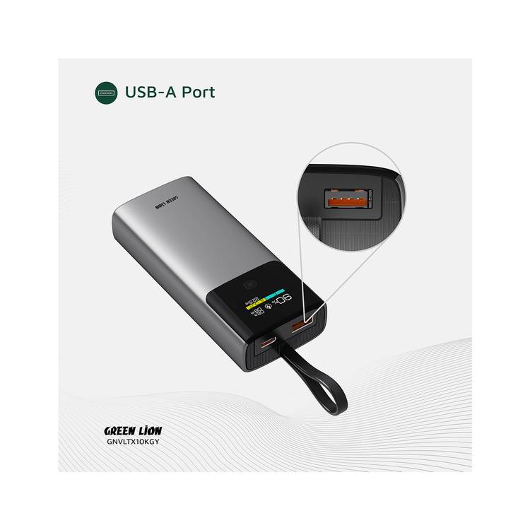 Green Lion Voltix 10000mAh Power Bank with TFT Display, Exquisite Appearance, Type-C Cable Strap, Fast Charging, Lightweight Design, 22.5W Total Output - Gray 