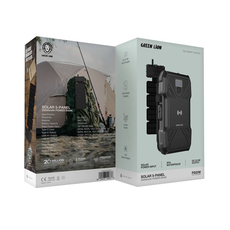 Green Lion Solar 5-Panel 20000mAh Power Bank with LCD Battery Display, IP54 Waterproof, 3 LED Modes, QC 22.5W Fast Charging, 15W Wireless Charging - Black