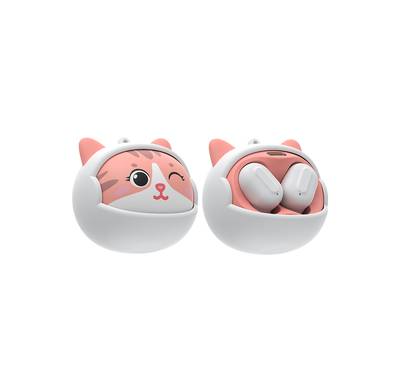 Green Lion  Kitty Beats True Wireless Earbuds with  3 Custom Face, Bluetooth 5.4, Touch Control, Voice Assistant, Clear Call Quality, Type-C Charging Port - White