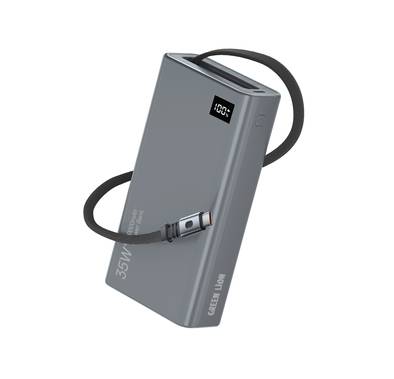 Green Lion Retractable 20000mAh Power Bank with 35W Power Delivery, LED Display, 75cm Cable Length, Type-C Port, Fast Charge Support - Gray