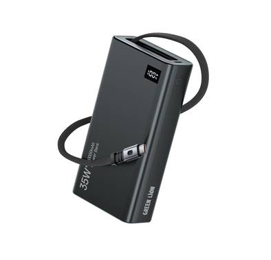 Green Lion Retractable 20000mAh Power Bank with 35W Power Delivery, LED Display, 75cm Cable Length, Type-C Port, Fast Charge Support - Black