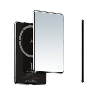 Green Lion Mirror Design 5000mAh Power Bank with LED Indicator, Type-C Port, 20W Power Delivery, 15W Wireless Output, Aluminum & Glass Material, Ultra-Thin & Ultra-Light Design, Fast Charge - Black