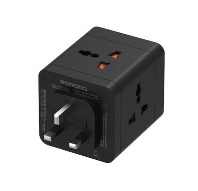 Porodo 4-AC Universal Power Block Adapter with USB-C & Dual USB-A Ports, Fast Charge, 20W Power Delivery, Built-in Safeguards, Simultaneous Charging, 2500W Rated Power - Black