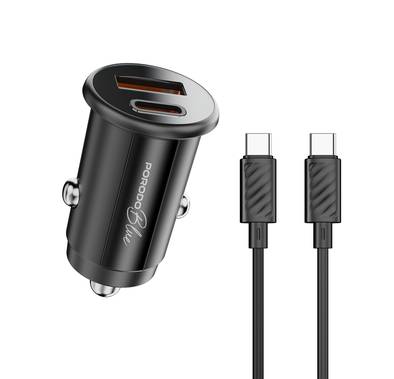 Porodo Blue Dual Port 30W Car Charger with Type-C to Type-C Cable, USB-C & USB-A Ports, 15W Shared Output, Polycarbonate Material - Black