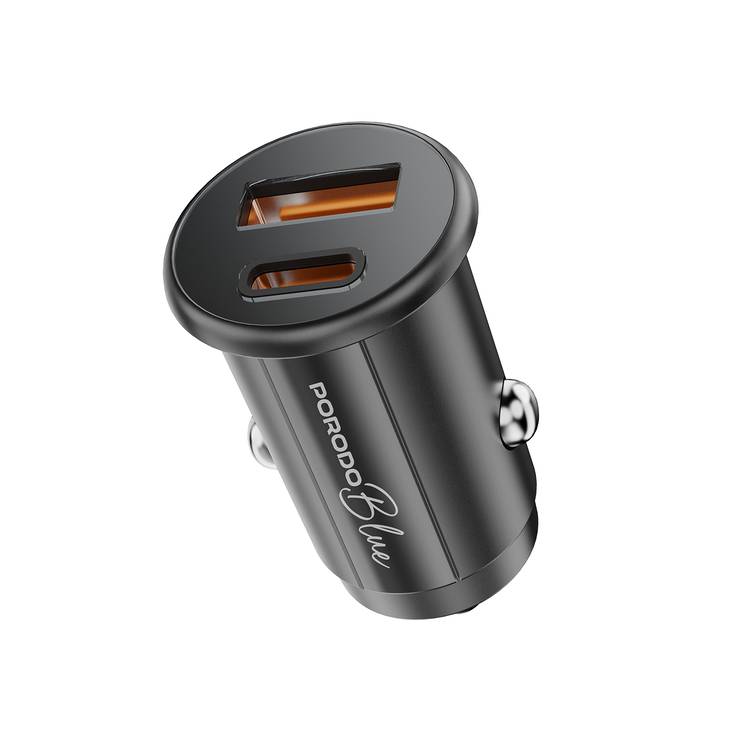 Porodo Blue Dual Port 30W Car Charger with Type-C to Lightning Cable, USB-C & USB-A Ports, 15W Shared Output, Polycarbonate Material - Black