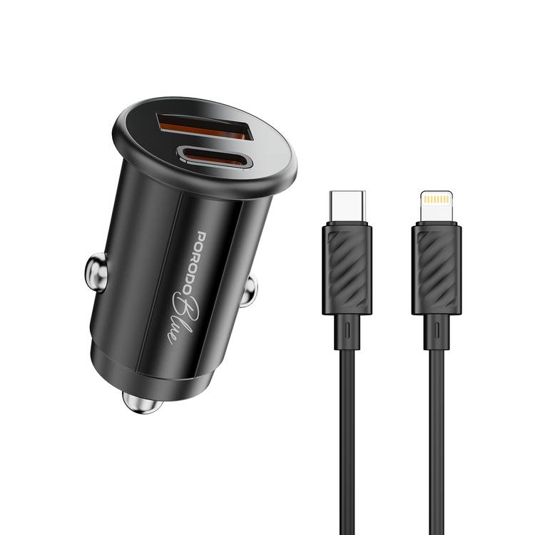 Porodo Blue Dual Port 30W Car Charger with Type-C to Lightning Cable, USB-C & USB-A Ports, 15W Shared Output, Polycarbonate Material - Black