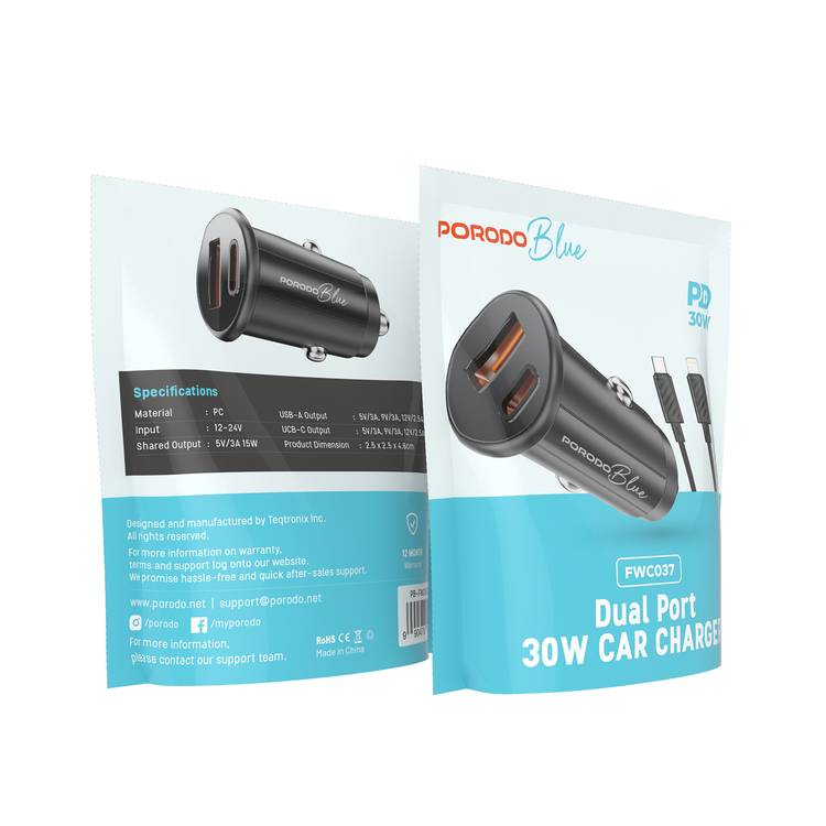 Porodo Blue Dual Port 30W Car Charger with Type-C to Lightning Cable, USB-C & USB-A Ports, 15W Shared Output, Polycarbonate Material - Black