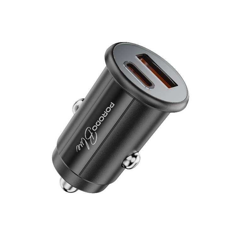 Porodo Blue Dual Port 30W Car Charger with Type-C to Lightning Cable, USB-C & USB-A Ports, 15W Shared Output, Polycarbonate Material - Black