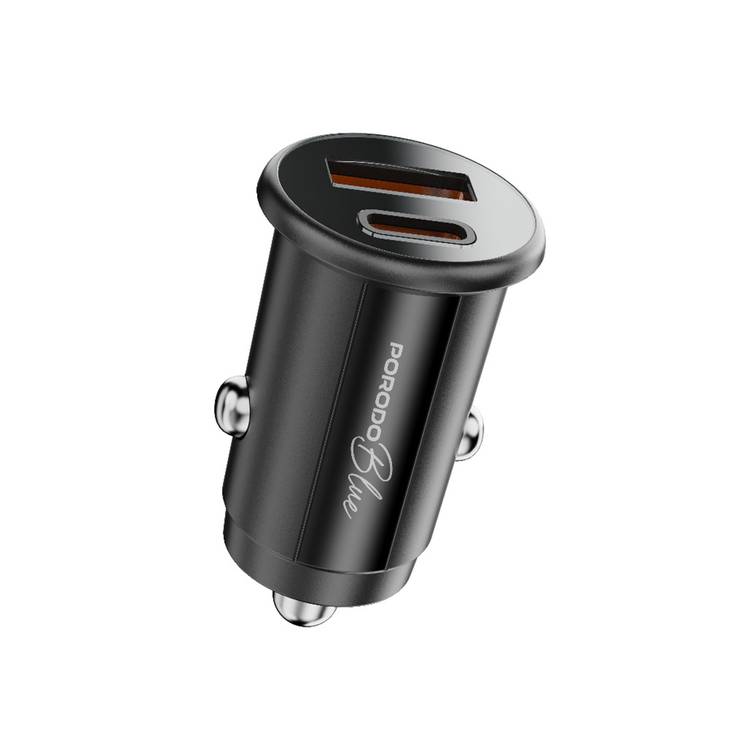 Porodo Blue Dual Port 30W Car Charger with Type-C to Lightning Cable, USB-C & USB-A Ports, 15W Shared Output, Polycarbonate Material - Black