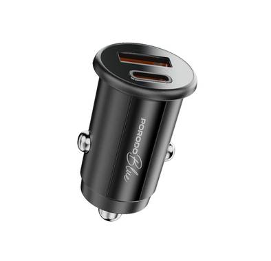 Porodo Blue Dual Port 30W Car Charger with USB-C & USB-A Ports, 15W Shared Output, Polycarbonate Material - Black