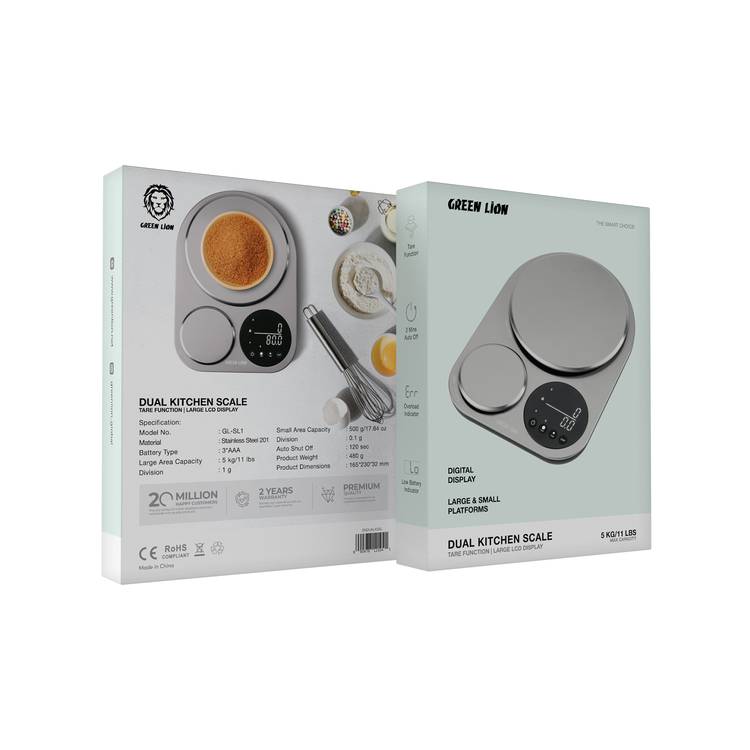 Green Lion Dual Kitchen Scale with Low Battery Indicator, Large & Small Platforms, Overload Indicator, Digital Display, Tare Function, Stainless Steel 201 Material - Silver 