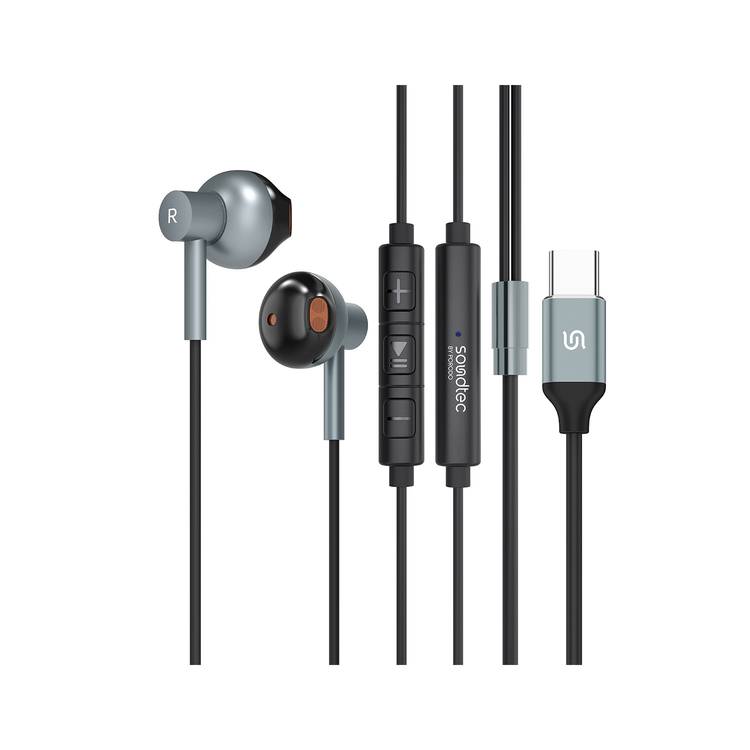 Porodo Soundtec Stereo Earphones with High-Clarity Microphone, Crisp Audio, Type-C Connector, Answer & Close Call, Three-Button Control - Black