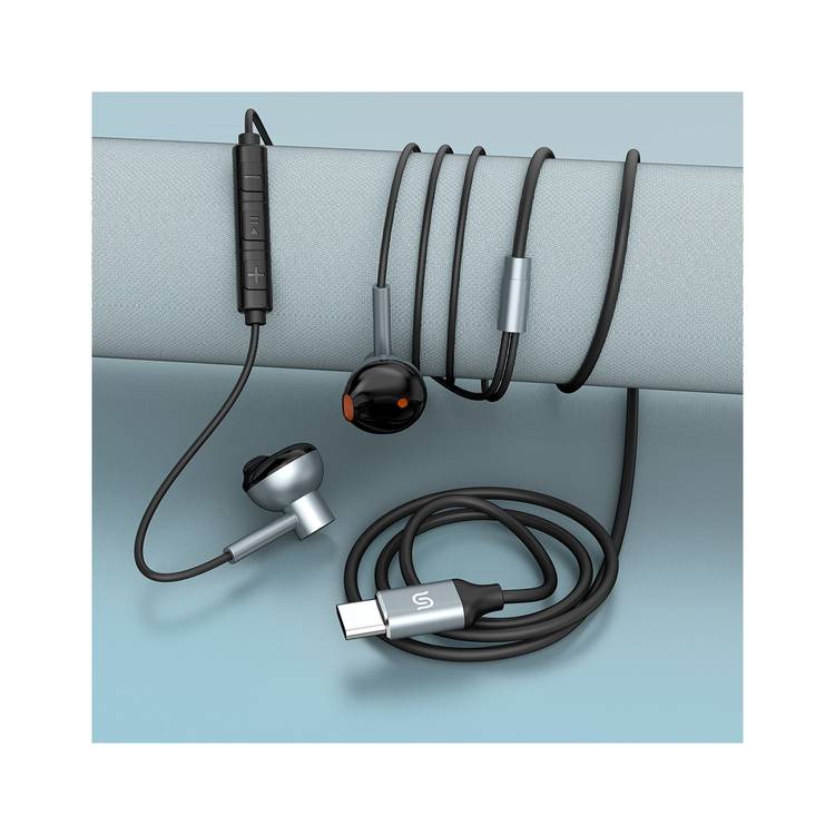 Porodo Soundtec Stereo Earphones with High-Clarity Microphone, Crisp Audio, Type-C Connector, Answer & Close Call, Three-Button Control - Black