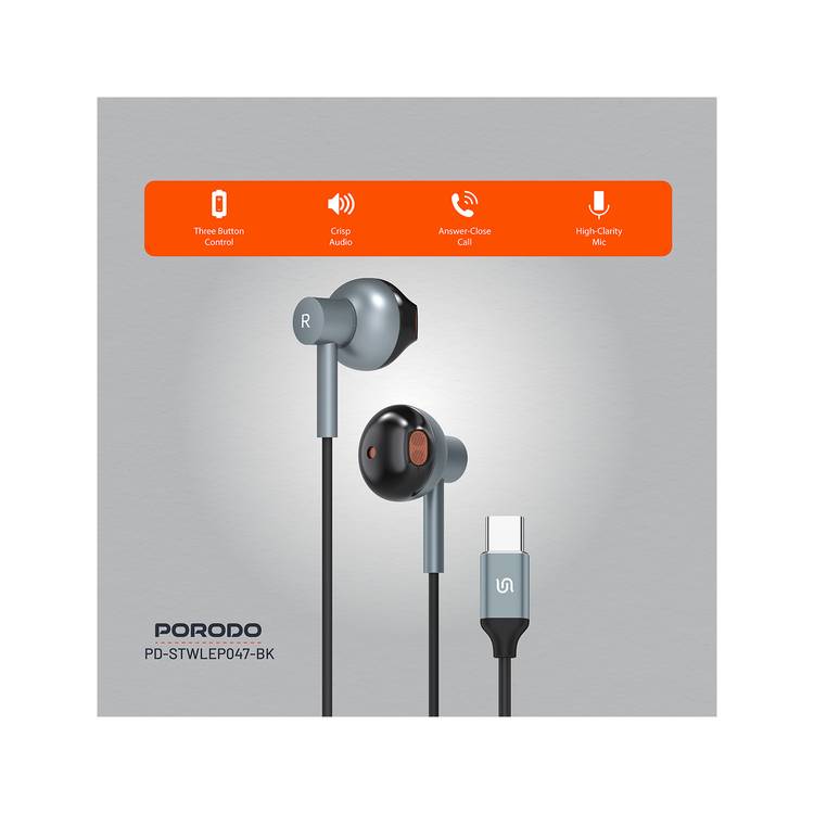 Porodo Soundtec Stereo Earphones with High-Clarity Microphone, Crisp Audio, Type-C Connector, Answer & Close Call, Three-Button Control - Black