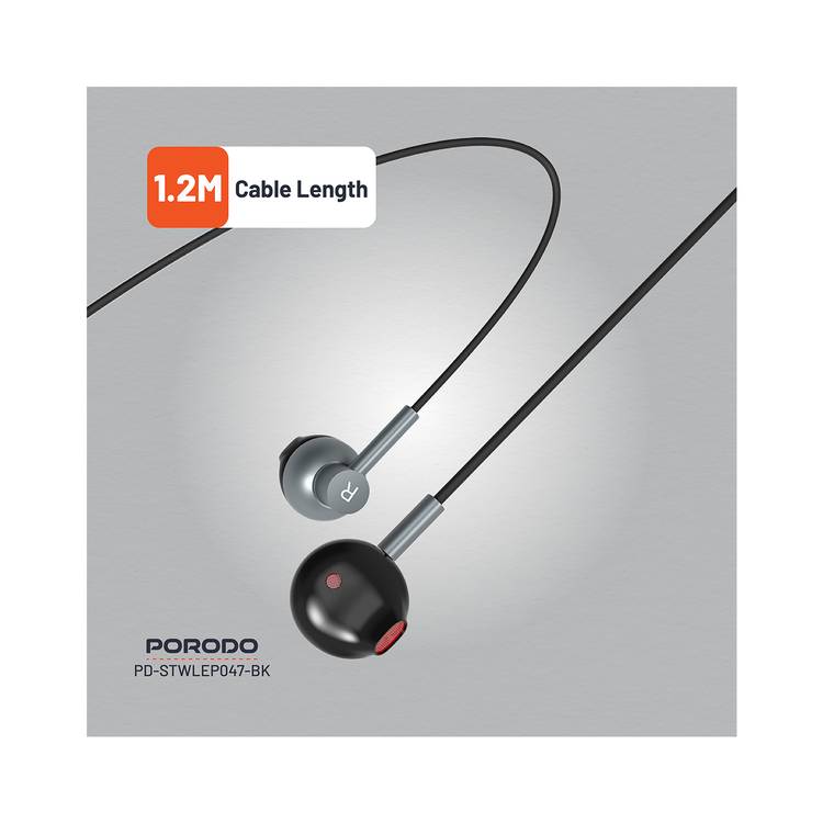 Porodo Soundtec Stereo Earphones with High-Clarity Microphone, Crisp Audio, Type-C Connector, Answer & Close Call, Three-Button Control - Black
