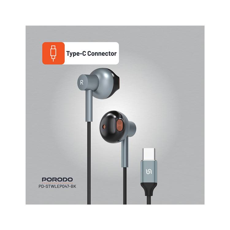 Porodo Soundtec Stereo Earphones with High-Clarity Microphone, Crisp Audio, Type-C Connector, Answer & Close Call, Three-Button Control - Black