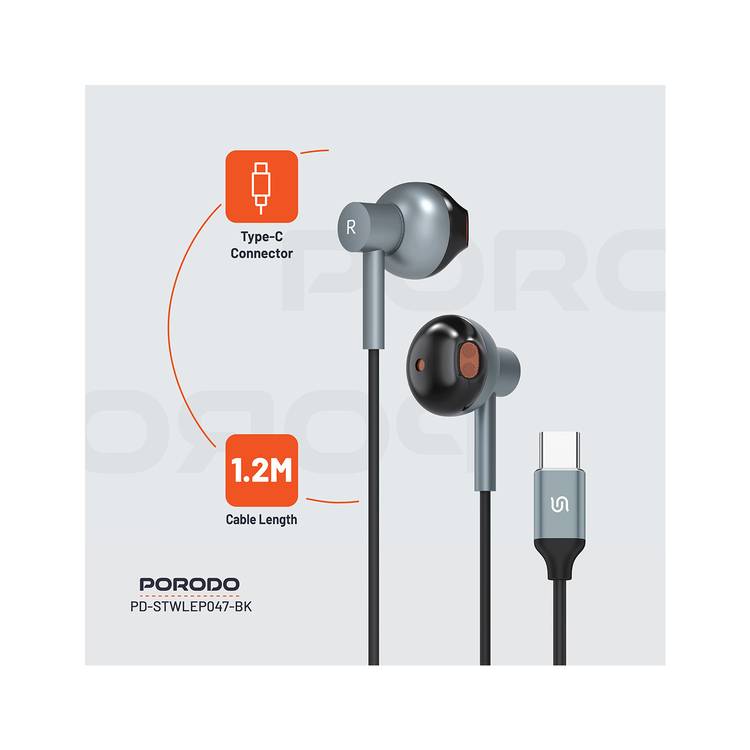 Porodo Soundtec Stereo Earphones with High-Clarity Microphone, Crisp Audio, Type-C Connector, Answer & Close Call, Three-Button Control - Black