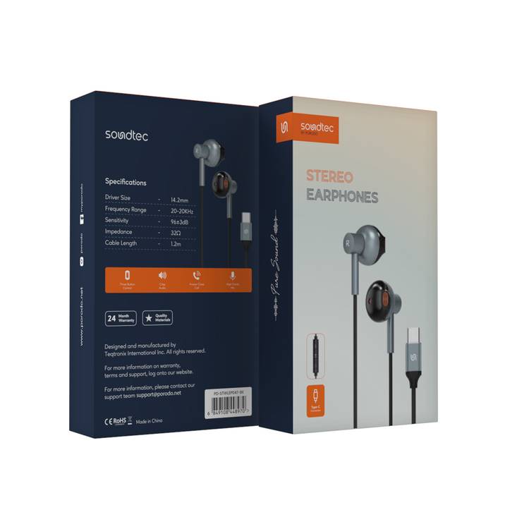 Porodo Soundtec Stereo Earphones with High-Clarity Microphone, Crisp Audio, Type-C Connector, Answer & Close Call, Three-Button Control - Black