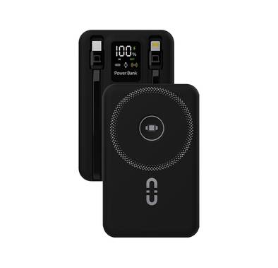 Porodo Magnetic Wireless Power Bank with Built-in USB-C + Lightning Cable Bracket, Simultaneous Charging, Digital Display, PD 22.5W - Black