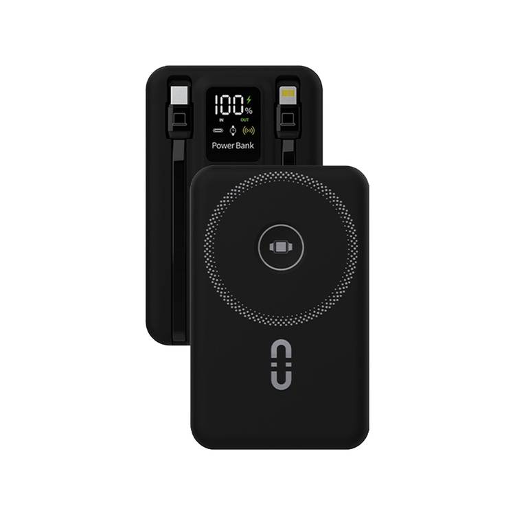 Porodo Magnetic Wireless Power Bank with Built-in USB-C + Lightning Cable Bracket, Simultaneous Charging, Digital Display, PD 22.5W - Black